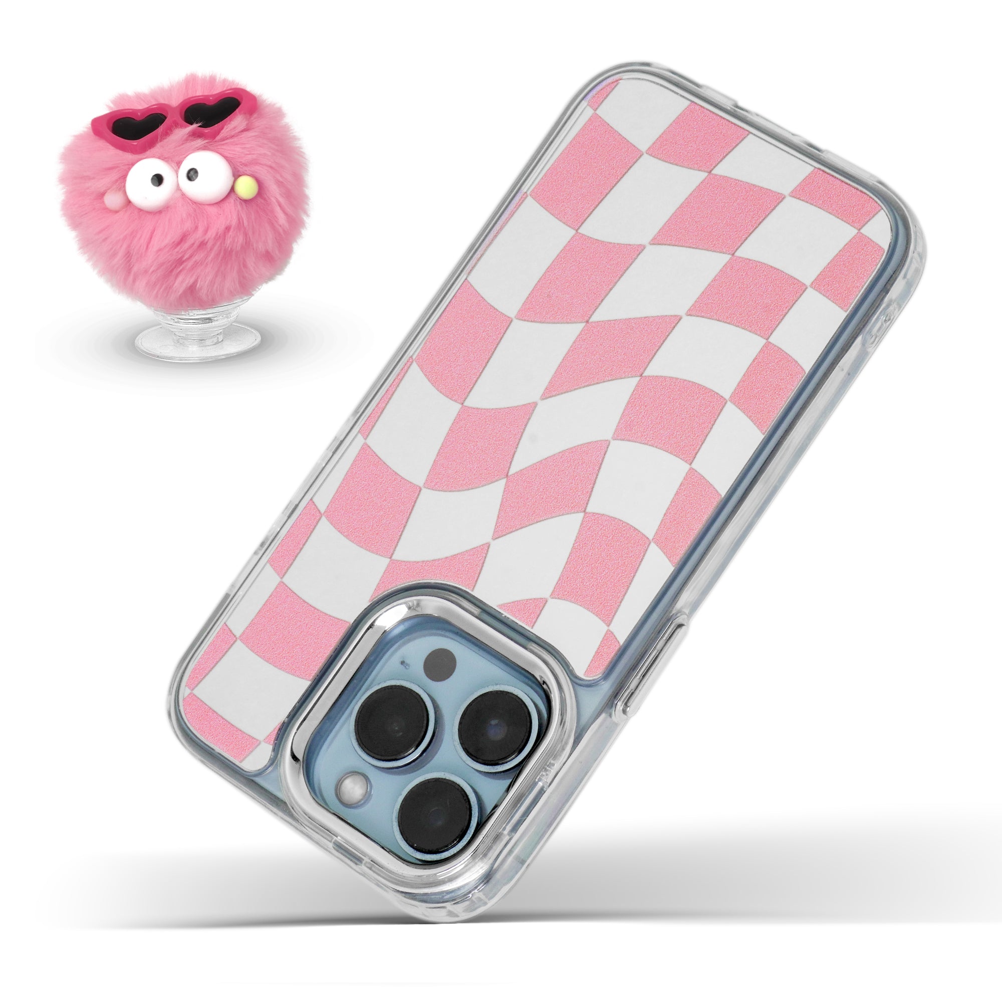 Mirror Checkered Pattern Back Cover with a Fur Pop Socket for Apple iPhone 15 Plus