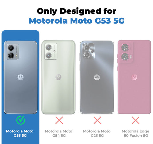 Clear hard back case compatibility guide showing fit for Motorola Moto G53 5G and not compatible with other models