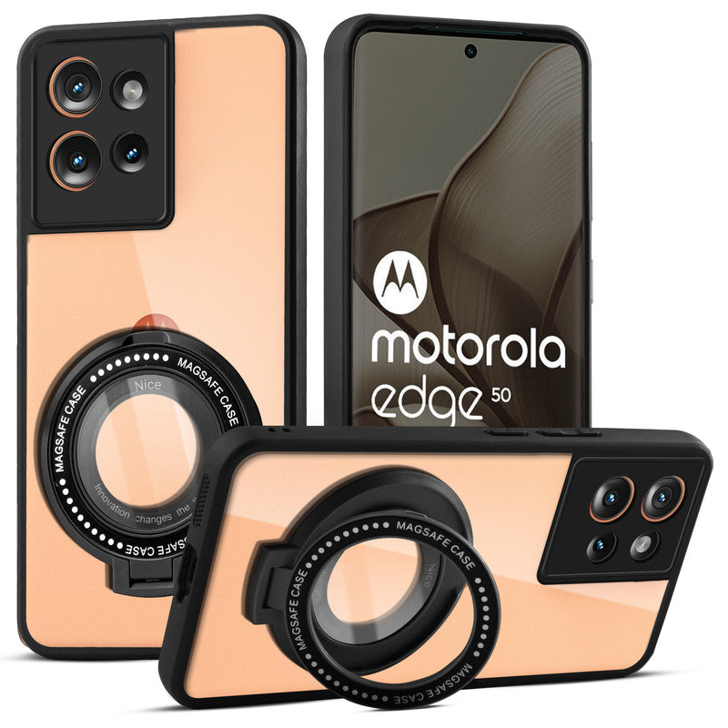 Transparent Back Cover with Silicone frame Matte Ring Holder Kickstand Case For Motorola Moto Edge 50 5G