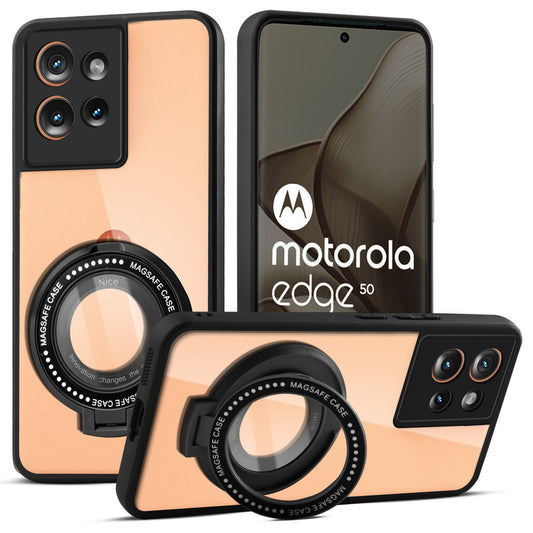 Transparent Back Cover with Silicone frame Matte Ring Holder Kickstand Case For Motorola Moto Edge 50 5G