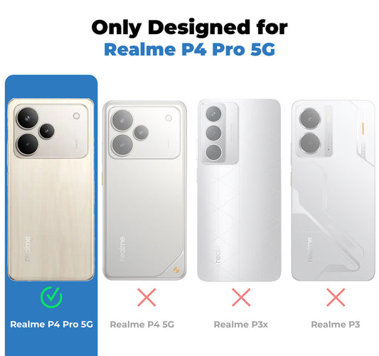 Clear hard back case compatibility guide showing fit for Realme P4 Pro 5G and not compatible with other models