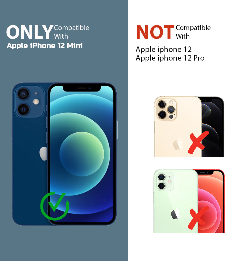 Clear hard back case compatibility guide showing fit for Apple iPhone 12 Mini and not compatible with other models