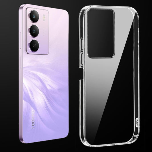 Transparent anti-yellow hard back case fitted on Realme P3 Lite 5G showing full back coverage and camera protection