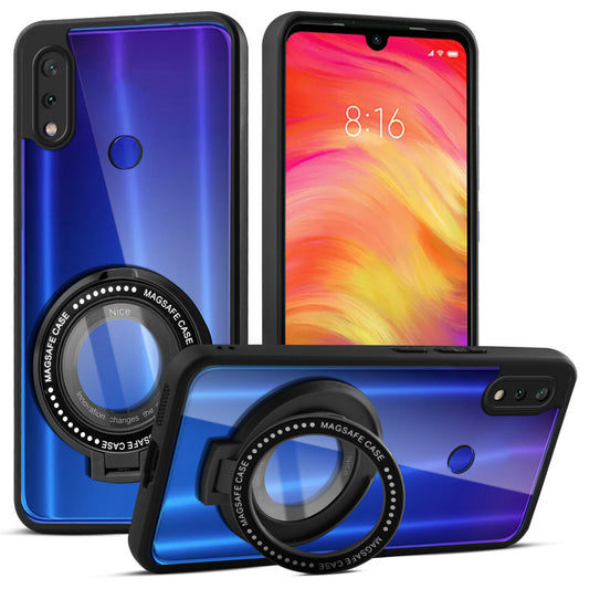Transparent Back Cover with Silicone frame Matte Ring Holder Kickstand Case For Redmi Note 7
