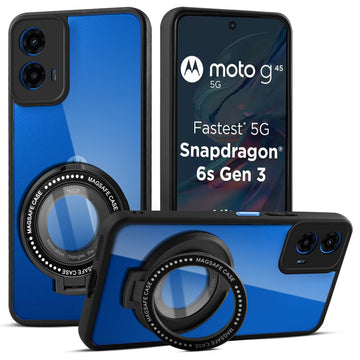 Transparent Back Cover with Silicone frame Matte Ring Holder Kickstand Case For Motorola Moto G45 5G