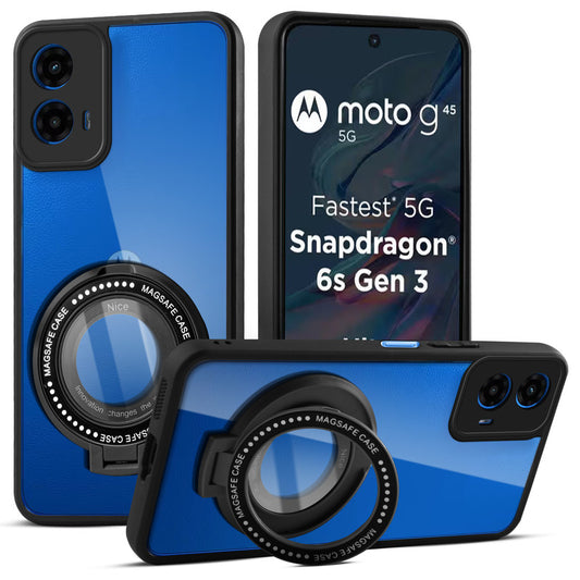 Transparent Back Cover with Silicone frame Matte Ring Holder Kickstand Case For Motorola Moto G45 5G
