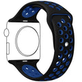 Silicone Apple Watch strap in Black and Blue, size 42mm, back angle view