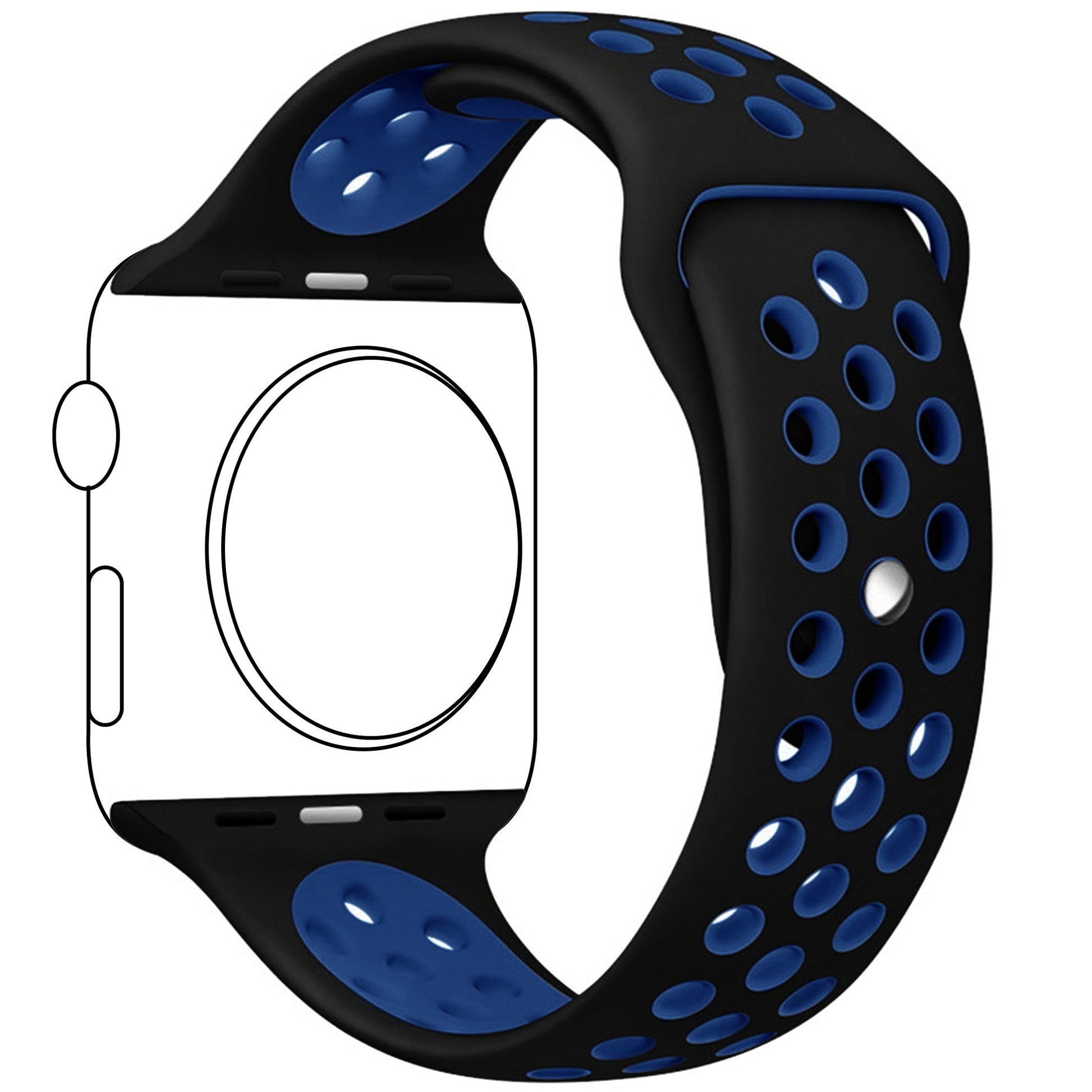 Silicone Apple Watch strap in Black and Blue, size 42mm, back angle view