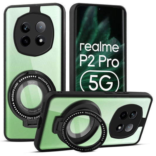 Transparent Back Cover with Silicone frame Matte Ring Holder Kickstand Case For Realme P2 Pro 5G