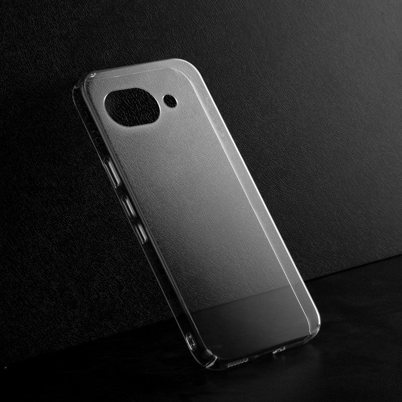 Crystal clear anti-yellow hard back case for Google Pixel 10A 5G placed on surface showing slim profile and precise camera cutouts