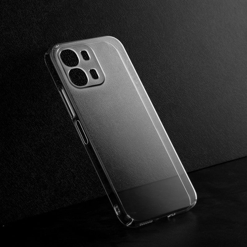 Crystal clear anti-yellow hard back case for Oppo A6 Pro 5G placed on surface showing slim profile and precise camera cutouts