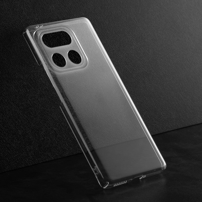 Crystal clear anti-yellow hard back case for Realme 16 Pro Plus 5G placed on surface showing slim profile and precise camera cutouts
