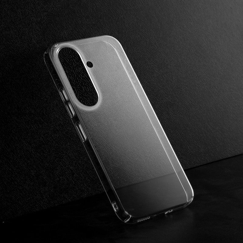 Crystal clear anti-yellow hard back case for Samsung S26 Plus 5G placed on surface showing slim profile and precise camera cutouts