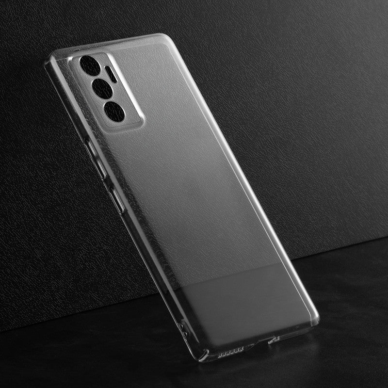 Crystal clear anti-yellow hard back case for Vivo V23e 5G placed on surface showing slim profile and precise camera cutouts