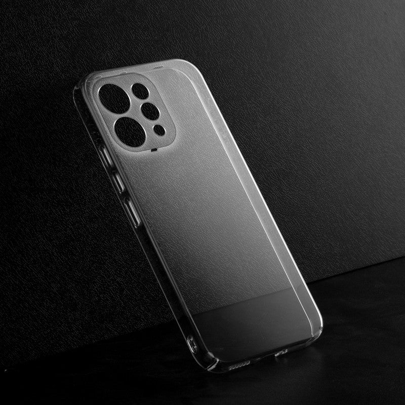 Crystal clear anti-yellow hard back case for Vivo T5x 5G placed on surface showing slim profile and precise camera cutouts