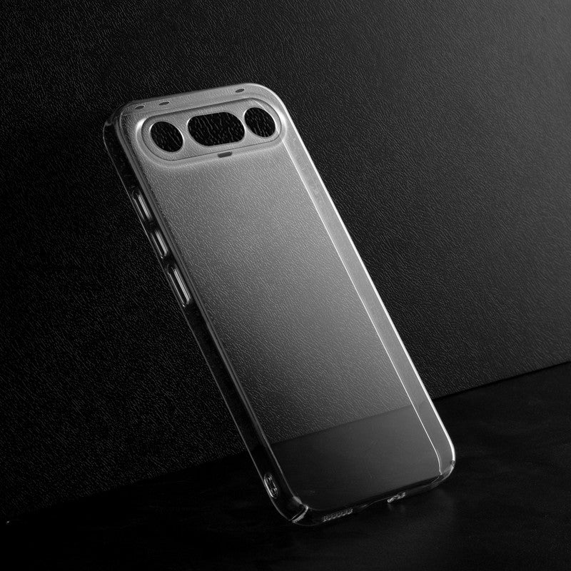 Crystal clear anti-yellow hard back case for Vivo X300 FE 5G placed on surface showing slim profile and precise camera cutouts