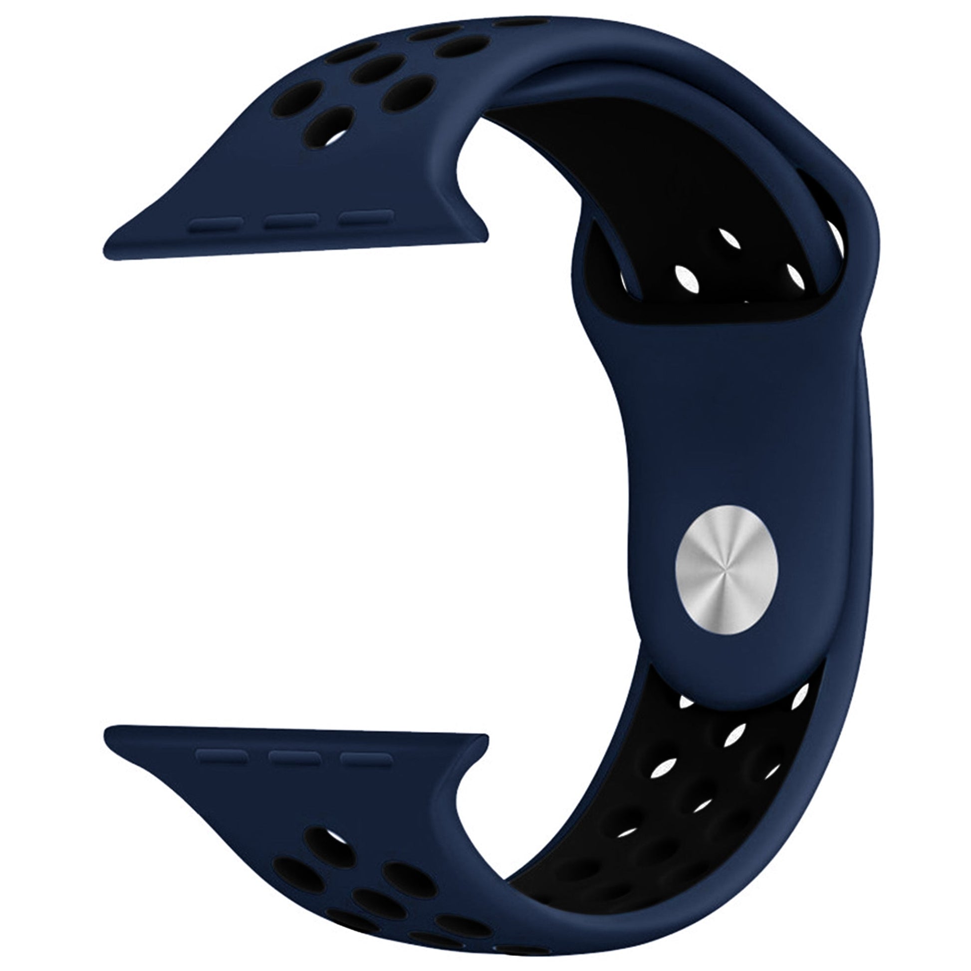 Silicone Apple Watch strap in Black and Pink, size 38mm, showing secure Strap closure and breathable dotted inner lining