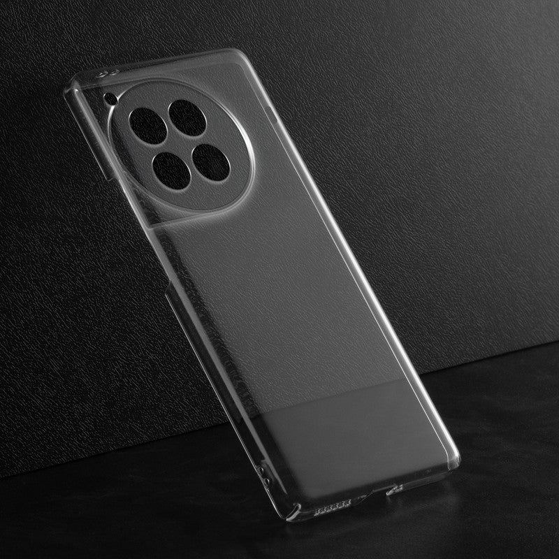 Crystal clear anti-yellow hard back case for OnePlus 12R 5G placed on surface showing slim profile and precise camera cutouts