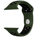 Silicone Apple Watch strap in Black and Red, size 38mm, showing secure Strap closure and breathable dotted inner lining