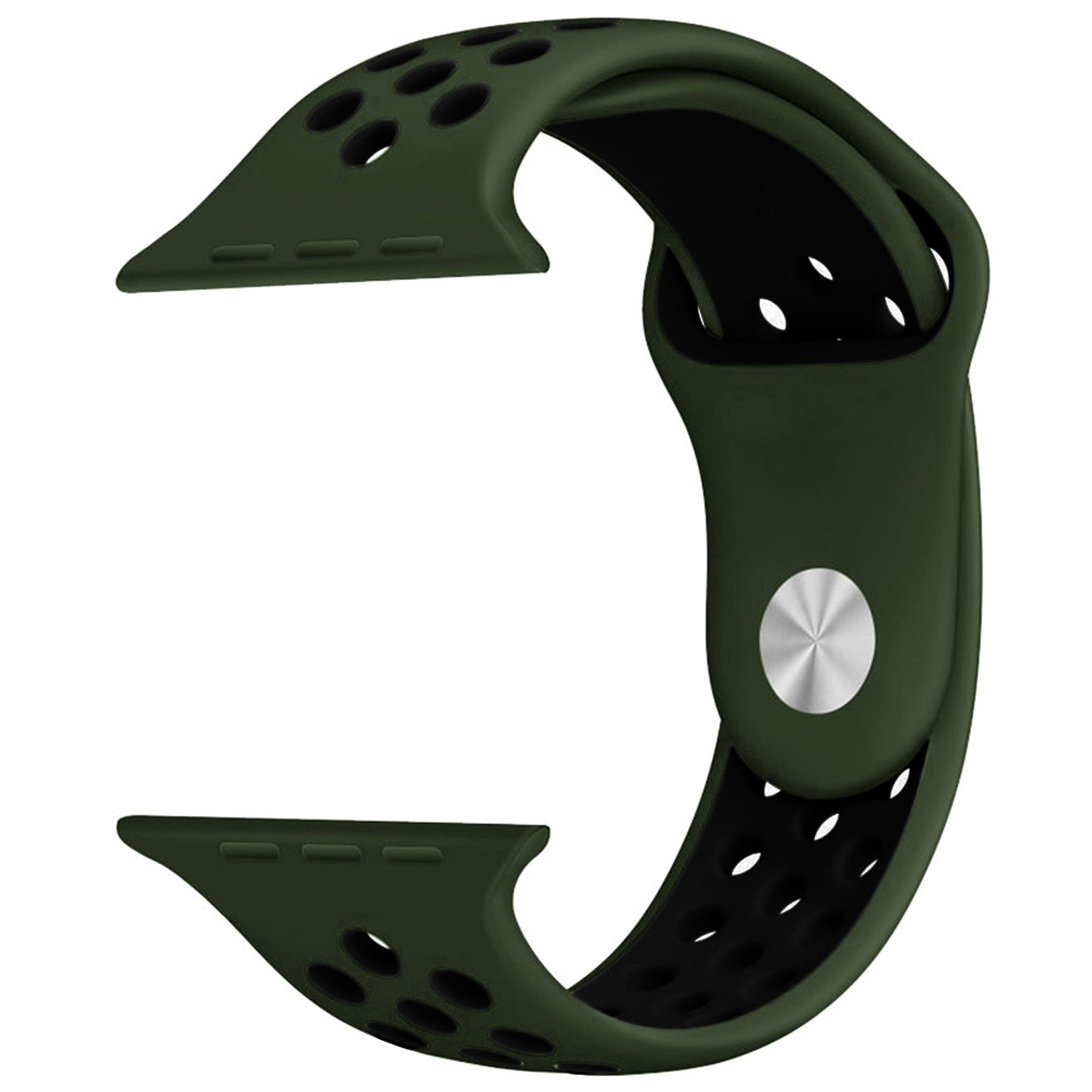 Silicone Apple Watch strap in Black and Red, size 38mm, showing secure Strap closure and breathable dotted inner lining