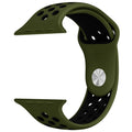 Silicone Apple Watch strap in Green and Black, size 42mm, showing secure Strap closure and breathable dotted inner lining