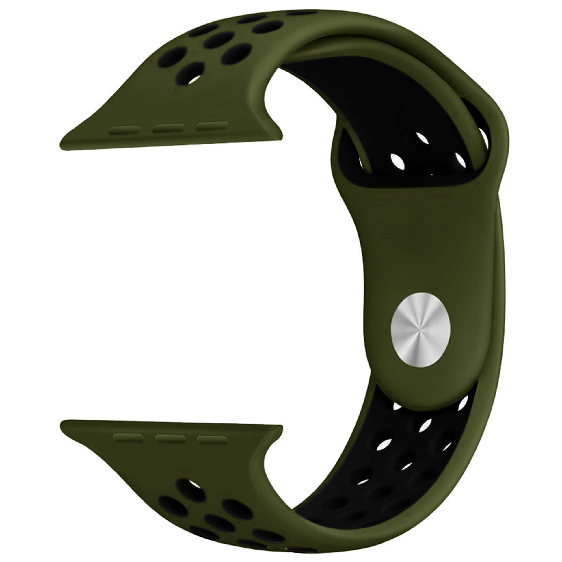 Silicone Apple Watch strap in Green and Black, size 42mm, showing secure Strap closure and breathable dotted inner lining