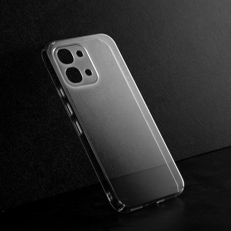 Crystal clear anti-yellow hard back case for Oppo F31 5G placed on surface showing slim profile and precise camera cutouts