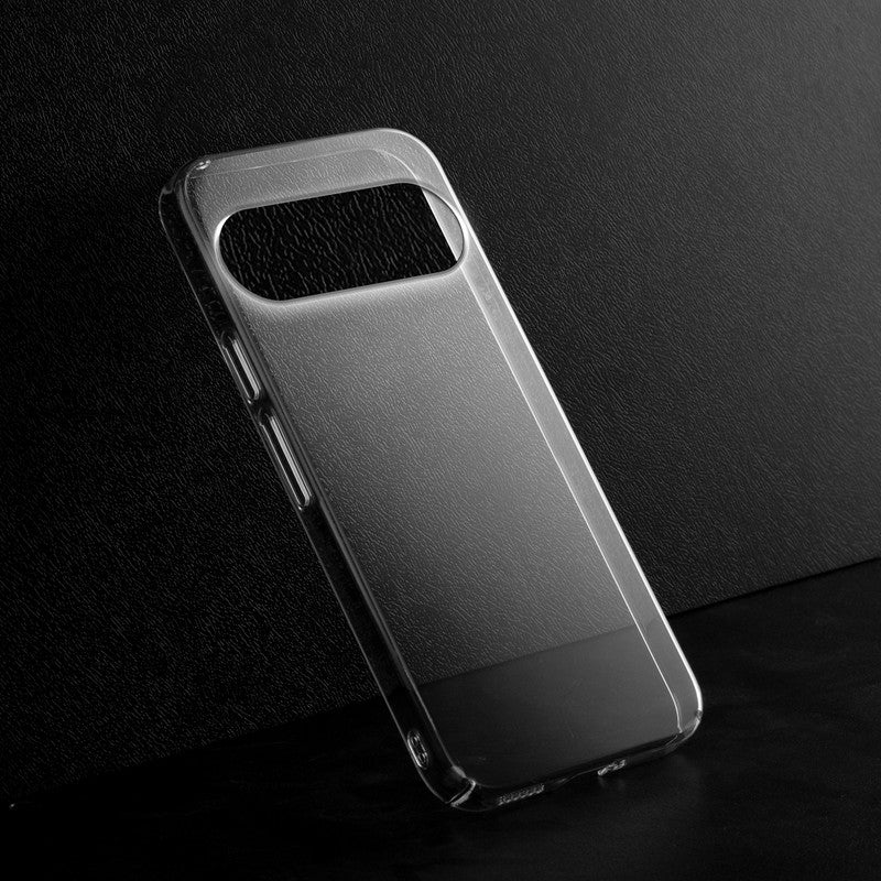 Crystal clear anti-yellow hard back case for Google Pixel 10 Pro 5G placed on surface showing slim profile and precise camera cutouts