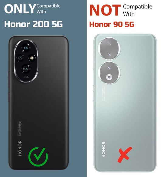 Clear hard back case compatibility guide showing fit for Honor 200 5G and not compatible with other models