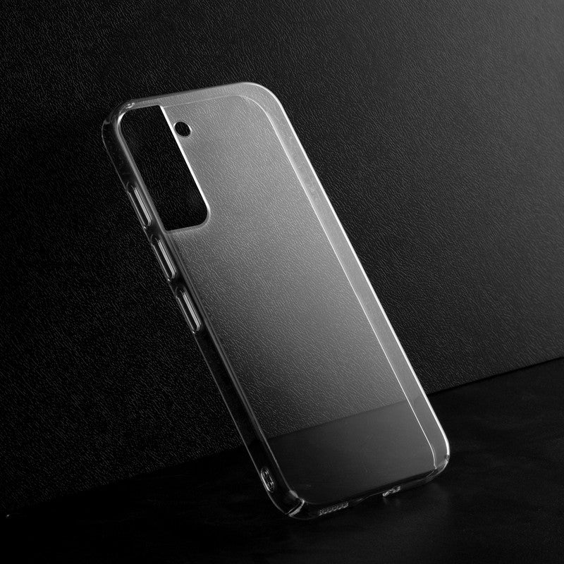 Crystal clear anti-yellow hard back case for Samsung S22 5G placed on surface showing slim profile and precise camera cutouts
