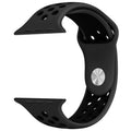 Silicone Apple Watch strap in Black and Blue, size 38mm, showing secure Strap closure and breathable dotted inner lining