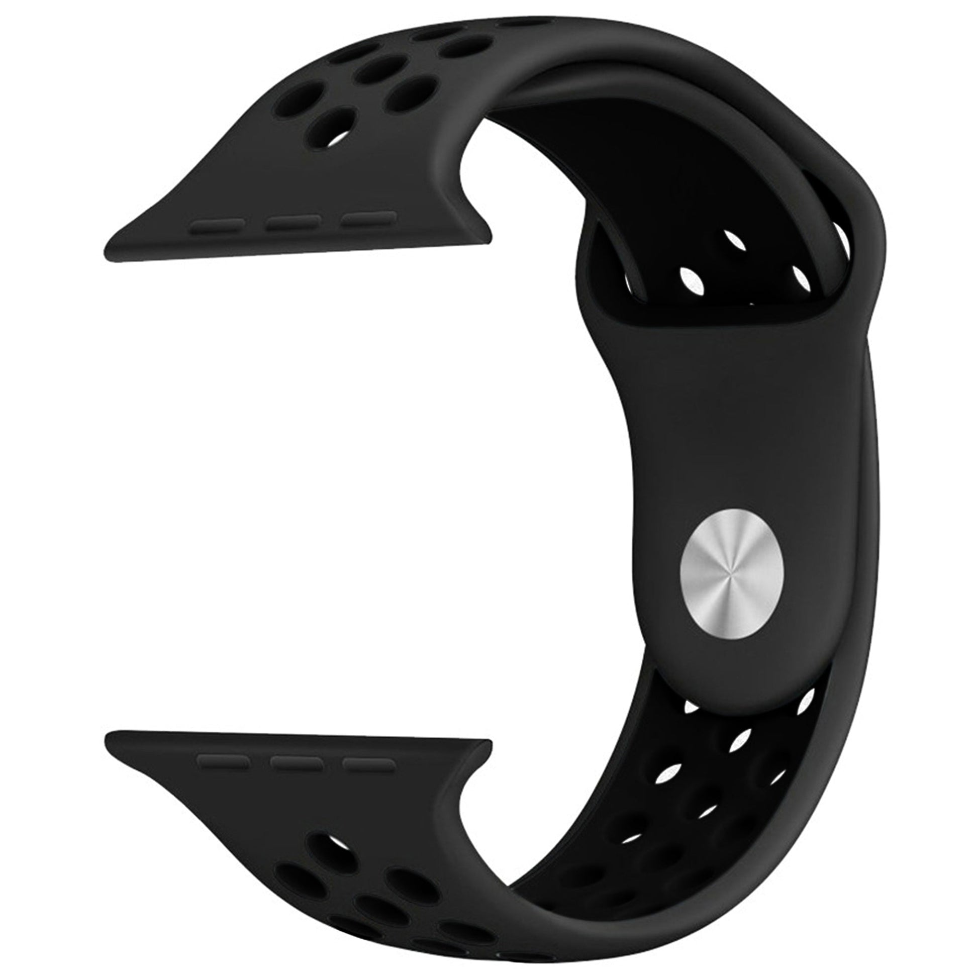 Silicone Apple Watch strap in Black and Blue, size 38mm, showing secure Strap closure and breathable dotted inner lining