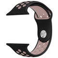 Silicone Apple Watch strap in Black and Pink, size 42mm, showing secure Strap closure and breathable dotted inner lining