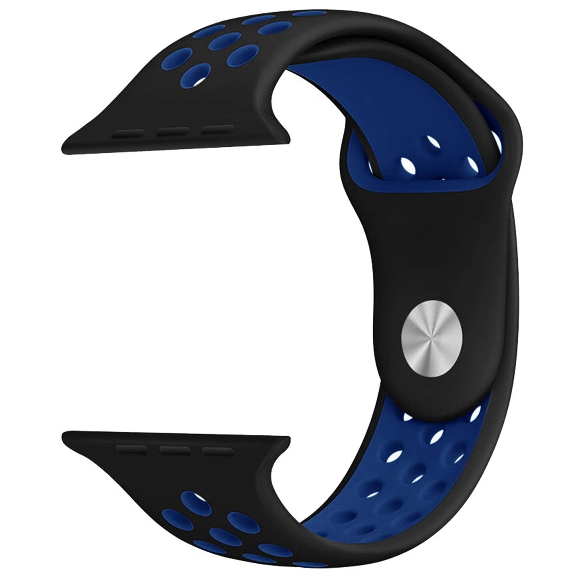 Silicone Apple Watch strap in Black and Blue, size 42mm, showing secure Strap closure and breathable dotted inner lining
