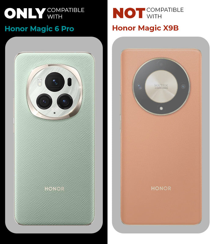 Clear hard back case compatibility guide showing fit for Honor Magic 6 Pro and not compatible with other models