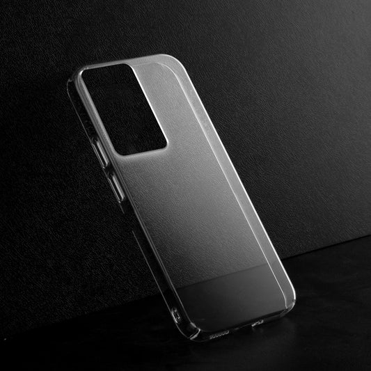 Crystal clear anti-yellow hard back case for Realme P3 Lite 5G placed on surface showing slim profile and precise camera cutouts