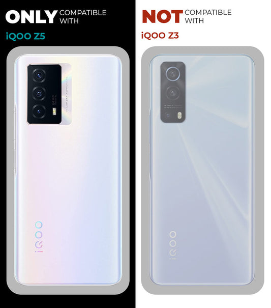 Clear hard back case compatibility guide showing fit for iQOO Z5 and not compatible with other models
