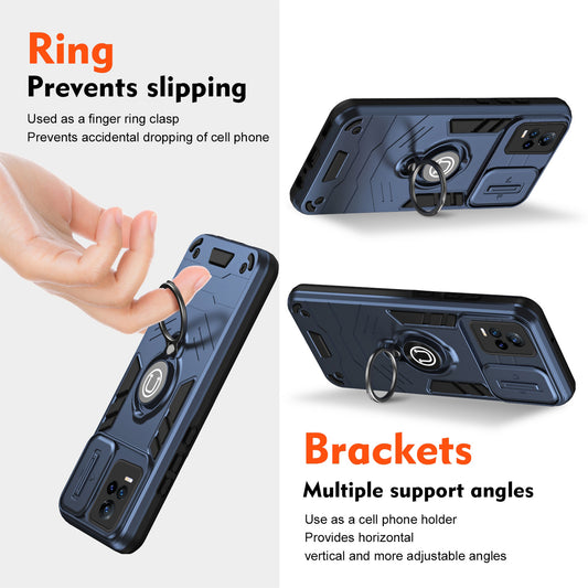 Ultra Rugged Armor Case with Rotating Ring Holder & Shutter Camera Protection Back Case For Vivo V21e 5G