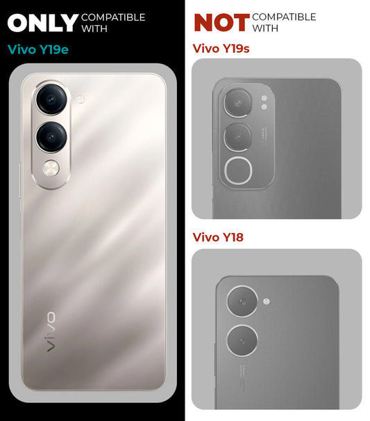 Clear hard back case compatibility guide showing fit for Vivo Y19e and not compatible with other models