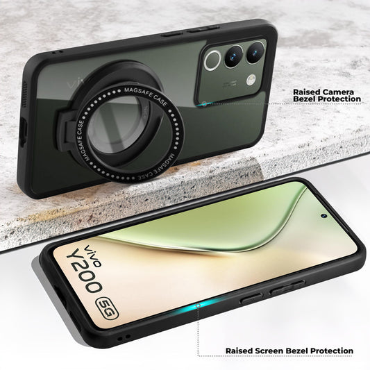 Transparent Back Cover with Silicone frame Matte Ring Holder Kickstand Case For Vivo Y200 5G