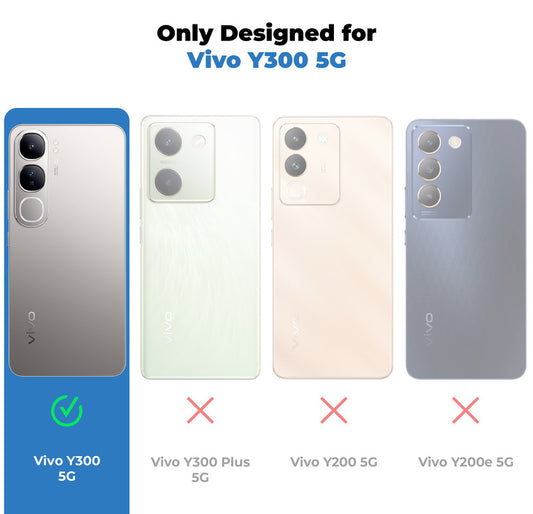 Clear hard back case compatibility guide showing fit for Vivo Y300 5G and not compatible with other models