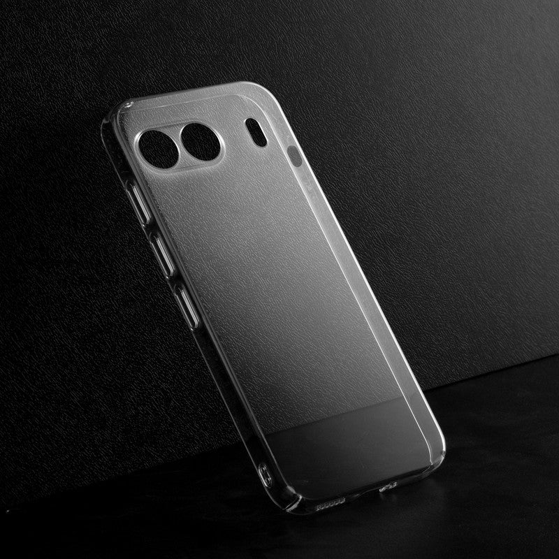 Crystal clear anti-yellow hard back case for OnePlus Nord 4 5G placed on surface showing slim profile and precise camera cutouts