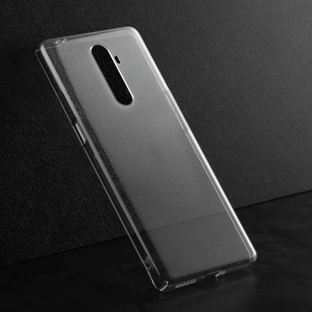 Crystal clear anti-yellow hard back case for Realme X2 Pro placed on surface showing slim profile and precise camera cutouts