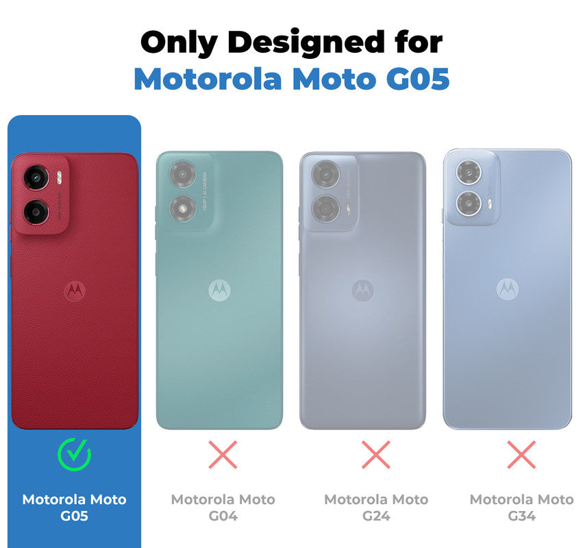 Clear hard back case compatibility guide showing fit for Motorola Moto G05 and not compatible with other models