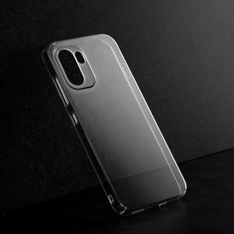 Crystal clear anti-yellow hard back case for OnePlus 15R 5G placed on surface showing slim profile and precise camera cutouts