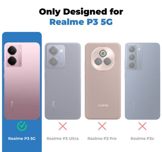 Clear hard back case compatibility guide showing fit for Realme P3 5G and not compatible with other models