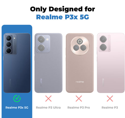 Clear hard back case compatibility guide showing fit for Realme P3x 5G and not compatible with other models