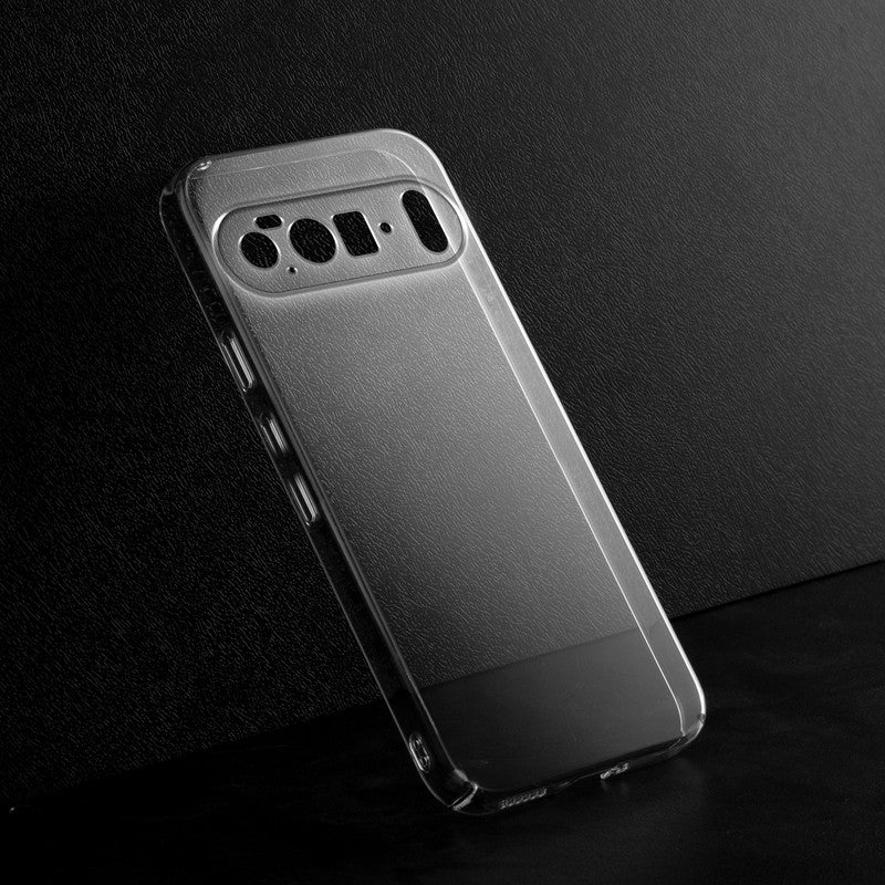 Crystal clear anti-yellow hard back case for Google Pixel 10 Pro XL 5G placed on surface showing slim profile and precise camera cutouts