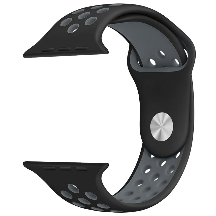 Apple Watch silicone strap in Black and Grey, size 42mm, stepbystep installation illustration