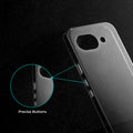 Close-up view of transparent case showing precise button cutouts and responsive side button coverage for Google Pixel 10A 5G